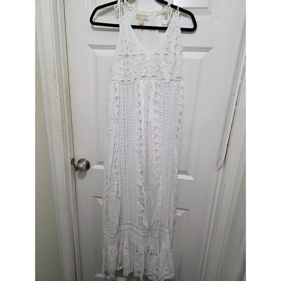 Michael Kors White Eyelet Embroidered Maxi Dress W/ Tie Straps & Ruffle Hem Size - Picture 9 of 9